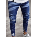 Mens Fashionable Jeans Ink Splash Effect Medium Wash Mid-Rise Zip Closure Skinny-Fit Full Length Jeans