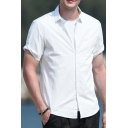Men Basic Shirt Plain Short Sleeve Point Collar Button Closure Slim Fit Shirt Top