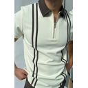Men Athlete Polo Shirt Stripe Pattern 1/4 Zip Collar Loose Short-sleeved Polo Shirt