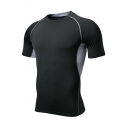 Athletic Men Tee Top Contrast Lined Short Sleeves Crew Collar Slim Fitted T-Shirt for Guys