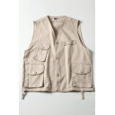 Baggy Vest Pure Color Button-up Flap Pocket V-Neck Relaxed Vest for Guys