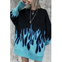 Chic Mens Sweater Flame Printed Long Sleeve Crew Neck Knit Relaxed Pullover Top