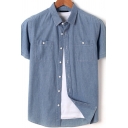 Guys Popular Denim Shirt Plain Short Sleeve Point Collar Pocket Detailed Button up Regular Shirt in Blue