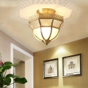 Brass Metal Frame Semi-Flushmount Light 1 Light Colonial Style Inverted White Glass Ceiling Light