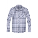 Men Modern Shirt Checked Button up Print Front Pocket Long Sleeves Point Collar Loose Shirt Top