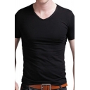 Cozy Tee Top Solid V-Neck Short Sleeves Slim Fit Soft T-Shirt for Men