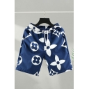Guy's Fancy Shorts Floral Pattern Pocket Detailed Mid Rise Drawcord Elastic Waist Loose Fit Shorts