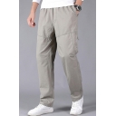 Simple Drawstring Pants Mid-Rised Zip Up Pocket Detail Straight Fit Cargo Pants for Men