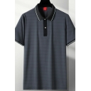 Men Urban T-Shirt Contrast Trim Turn-over Collar Button Detail Short-sleeved Loose T-Shirt