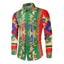 Guys Jazzy Shirt Tribal Patterned Button Closure Turn-down Long-sleeved Relaxed Shirt
