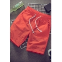 Men Casual Shorts Pure Color Elastic Drawstring Waist Mid Rise Loose Fitted Shorts