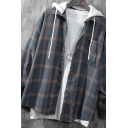 Street Style Shirt Plaid Print Long-Sleeved Single Breasted Drawstrings Hooded Loose Shirt Top for Men