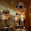 Exposed Bulb Rope Chandelier Lighting Farmhouse 6-Bulb Restaurant Pendant Lamp in Flaxen with Tyre Deco
