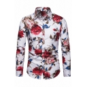 Popular Button Shirt Florals Printed Designed Lapel Collar Long Sleeve Slim Shirt for Guys
