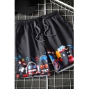 Men Modern Shorts Cartoon Pattern Elasticated Waist with Drawstring Pocket Detail Relaxed Fitted Shorts