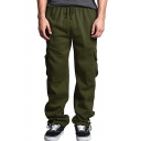 Popular Mens Cargo Pants Solid Color Drawstring Waist Flap Pockets Detail Full Length Loose Fitted Pants