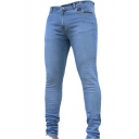 Mens Classic Jeans Pure Color Mid-Rise Zip Closure Skinny-Fit Full Length Jeans With Washing Effect