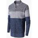 Modern Guys Cardigan Color Block Stand Collar Long Sleeves Zip up Regular Fitted Cardigan