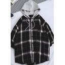 Fashionable Shirt Checked Patchwork 3/4 Sleeved Single Breasted Drawstring Loose Hooded Shirt for Men