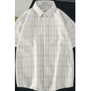 Stylish Shirt Plaid Pattern Point Collar Short Sleeve Single Breasted Loose Shirt Top for Men