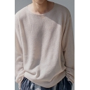 Teenagers Korean Style Sweater Pure Color Long Sleeves Round Neck Loose Fitted Beige Pullover Sweater