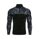 Urban Tee Top Camo Pattern Long-Sleeved Stand Collar Zipper Detail Slim Fitted T-Shirt for Men