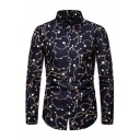 Casual Mens Button-up Shirt Floral Pattern Long-Sleeved Lapel Collar Slim Fitted Shirt