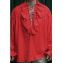 Trendy Guy's Shirt Plain Front Pleated Ruffled Long Sleeve Spread Collar Loose Fit Shirt