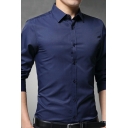 Men Trendy Shirts Pure Color Button Up Lapel Collar Long Sleeves Slim Fitted Shirts