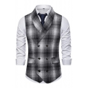Stylish Mens Blazer Vest Plaid Print Double Breasted Shawl Collar Slim Fitted Blazer Vest