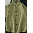 Men Leisure Shirt Checked Print Short-Sleeved Point Collar Single Breasted Loose Fit Shirt Top