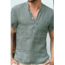 Men Stylish T-Shirt Solid Pocket Detail Henley Collar Short Sleeve Loose T-Shirt