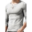 Retro Men Tee Shirt Plain Button Up Detailed V-Neck Long-sleeved Slim Fitted T-shirt