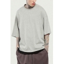 Simple T-Shirt Pure Color 3/4 Sleeve Round Neck Loose Fitted Tee Top for Men