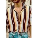 Novelty Men's Shirt Stripe Pattern Collar Button Embellished Short-sleeved Loose Shirt