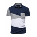 Guy's Modern Polo Shirt Contrast Color Splicing Pocket Designed Turn-Down Collar Short-sleeved Relaxed Fit Shirt