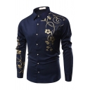 Casual Guy's Button Shirt Gold Plant Pattern Lapel Collar Long-sleeved Slim Button Shirt