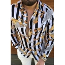 Guys Smart Shirt Figure Patterned Button-up Turn-down Collar Long Sleeves Regular Shirt