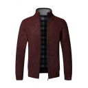 Modern Mens Cardigan Solid Color Zipper up Stand Collar Long Sleeve Slim Fitted Cardigan