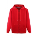 Basic Mens Hoodie Solid Color Long Sleeve Drawstring Detail Regular Fit Zip-up Hoodie