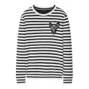 Boys Vintage Knitted Sweater Cartoon Stripe Pattern Long Sleeve Crew Collar Slimming Knitted Sweater in Black-White