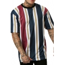 Fashionable Tee Top Stripe Pattern Round Neck Short Sleeves Regular Fitted T-Shirt