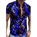 Guys Unique Shirt Floral Patterned Button Decorate Collar Regular Short Sleeves Shirt
