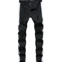 Mens Popular Jeans Color Block Mid-Rised Side Distressed Effect Zipper Placket Long Straight Jeans with Pockets