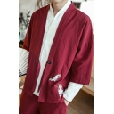 Leisure Mens Coat Crane Embroidery Pattern 3/4 Sleeves Single Button Relaxed Fit Coat