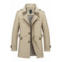 Men Freestyle Coat Whole Colored Notched Collar Long Sleeves Relaxed Button Down Trench Coat