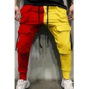 Men Retro Pants Contrast Color Drawstring Elastic Waist Flap Pocket Slim Fit Pants