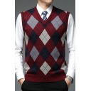 Dashing Mens Vest  Sleeveless V-Neck Argyle Print Knitted Rib Hem Regular Fitted Sweater Vest