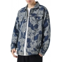 Casual Mens Jacket Panda Pattern Button Closure Long Sleeves Spread Collar Flap Pockets Loose Fitted Denim Jacket