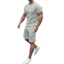 Fashionable Mens Set Pure Color Round Neck Short-Sleeved Relaxed Fit T-Shirt & Drawstring Waist Shorts Set